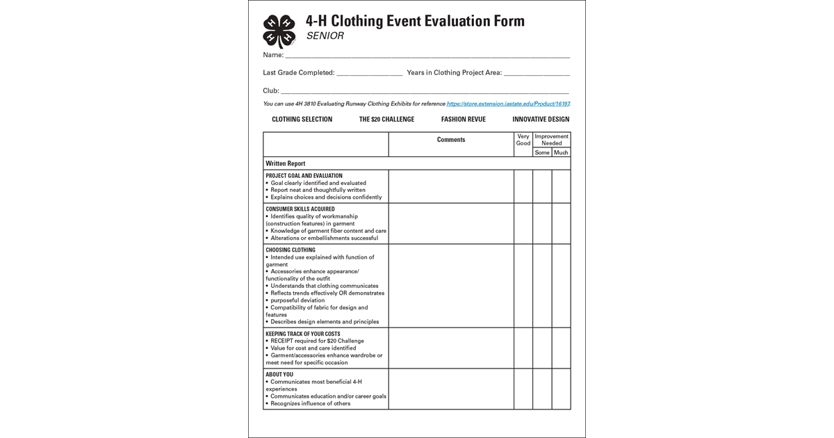 4 H Senior Clothing Event Evaluation Form