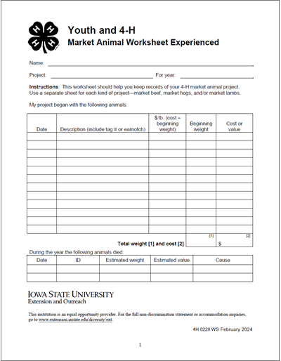 Iowa 4-H Market Animal Worksheet Experienced