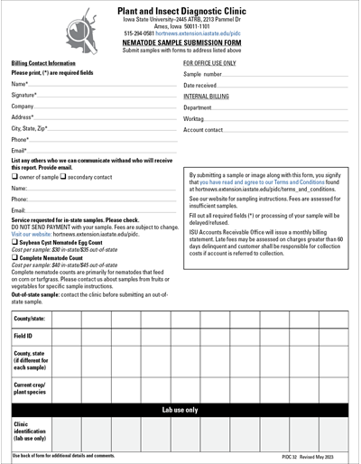 Plant and Insect Diagnostic Clinic Nematode Sample Submission Form